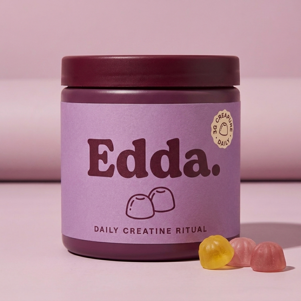 Edda Blackcurrant Dusk — plum-colored jar with three gummies