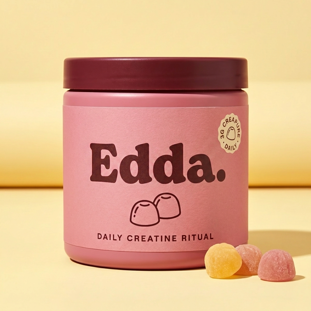 Edda creatine gummies — hand-numbered jar, raspberry bloom, with three gummies alongside